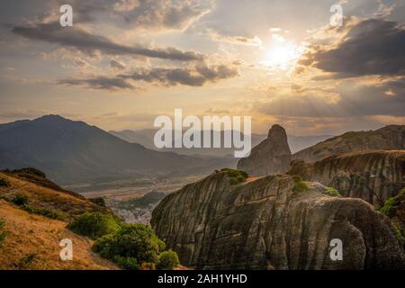 City and mountains in the evening in Greece horizontal Stock Photo