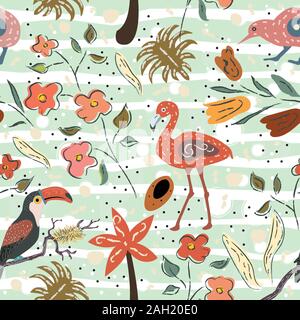 Flamingo, Toucan and kiwi bird. Exotic Bird Seamless Pattern. Vector illustration Stock Vector