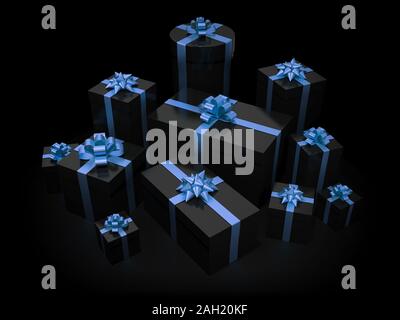 Stack of gift boxes on black isolated with clipping path Stock Photo