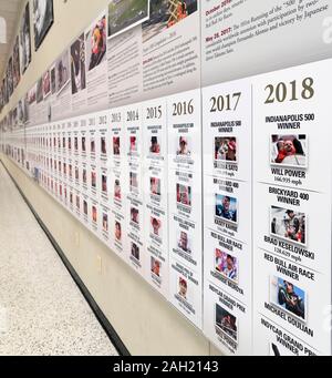 Wall of Indianapolis winners at the Indianapolis Motor Speedway Museum, Indianapolis, Indiana, USA. Stock Photo
