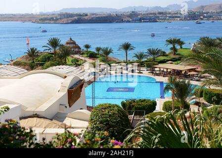 SHARM EL SHEIKH, EGYPT -  DECEMBER 2: The tourists are on vacation at popular hotel on December 2, 2013 in Sharm el Sheikh, Egypt. Up to 12 million to Stock Photo