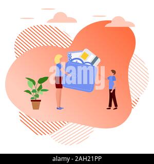 Vector illustration People with wallet, bank card, money bill. Financial transactions, money transfer, banking metaphor. Cash withdrawal, currency exc Stock Vector