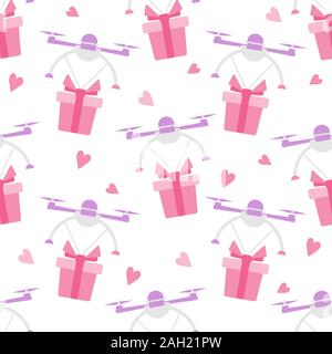 Vector seamless pattern illustration Drone flying through the air and carries gifts on white background. Fast delivery to customer. Future transportat Stock Vector