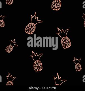Seamless golden pineapple pattern on dark background. Repeating exotic pineapple pattern. Vector Illustration Stock Vector
