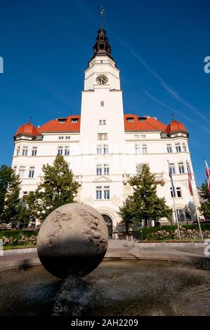 City Hall of town Opava with fountain in front , Silesia Region, Czech Republic Stock Photo