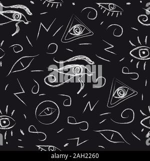 Seamless Pattern with Eyes. Hand Drawn, whimsical style. Third Eye Seamless pattern. Yellow, blue and black colors. Seamless Pattern. Psychedelic eyes Stock Vector