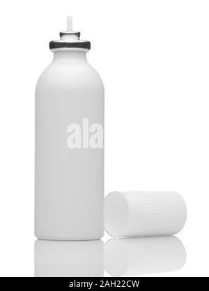 Photo of one abstract blank white spray bottle isolated on white background, aerosol spray can, metal or aluminium bottle without label, new and clear Stock Photo