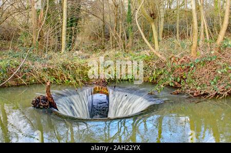 Water falls down the hidden plughole in the woodland stream Stock Photo