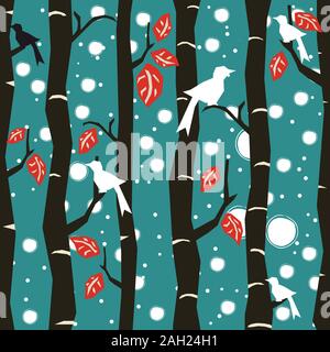 Seamless Tree Pattern with big birds and leaves. Vector Illustration. Stock Vector