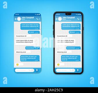 UI UX Phone chat blue interface. Text message mobile phone. Text messaging bubles in mobile application on a smartphone, vector Stock Vector