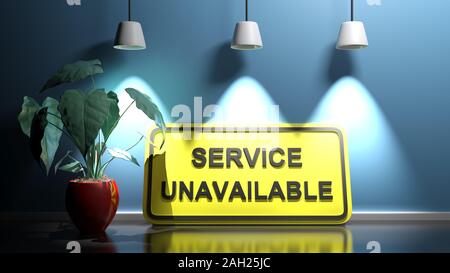 SERVICE UNAVAILABLE on yellow sign at blue illuminated wall - 3D rendering illustration Stock Photo
