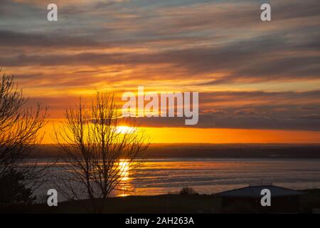 Sun setting behind the branches of a tree and reflecting in the low tide of  Pegwell Bay, Kent uk. Stock Photo