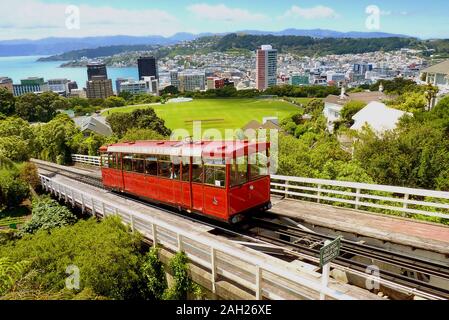 Wellington's famous cable car goes up towards the Wellington Observatory in Wellington, New Zealand Stock Photo