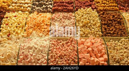 Turkish Delight on display outside a shop in the historic Egyptian Spice Bazaar in Eminonu, Fatih, Istanbul, also known as Misir Carsisi Stock Photo