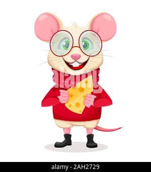 Merry Christmas and Happy New Year 2020 greeting card with funny rat in glasses holding cheese. Funny cartoon character rat. Vector illustration. Stock Vector