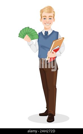 Successful business man in office style clothes. Handsome blonde businessman holding documents and money. Cheerful cartoon character. Vector illustrat Stock Vector