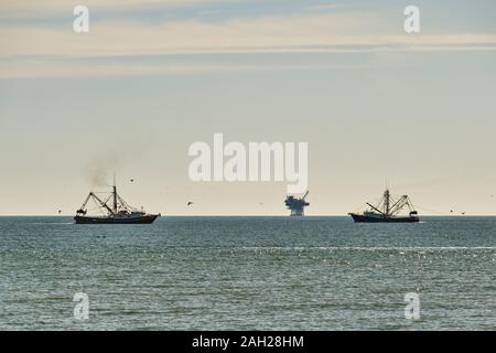 Shrimp boat in the Gulf of Mexico fishing for shrimp off of Dauphin Island, Alabama, USA. Stock Photo