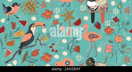 Big Tropical Collection with exotic birds. Flamingo, Parrots, toucan, Australian bird kiwi, small bird plus tropical plants and flowers. Hand Drawn El Stock Vector