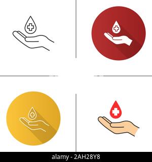 Blood donation icon. Flat design, linear and color styles. Hand holding liquid drop with medical cross. Isolated vector illustrations Stock Vector