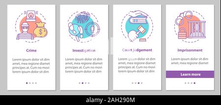 Law enforcement onboarding mobile app page screen with linear concepts. Crime, investigation, court judgement, imprisonment steps graphic instructions Stock Vector