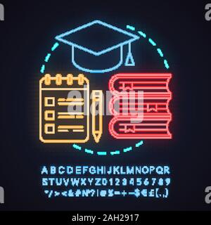High education neon light concept icon. Gaining knowledge idea. Studying. School, university, college. Glowing sign with alphabet, numbers and symbols Stock Vector