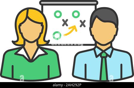 Business strategy scheme color icon. Teamwork. Two colleagues solving problem. Isolated vector illustration Stock Vector
