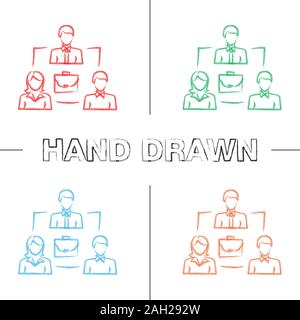 Staff interaction hand drawn icons set. Color brush stroke. Partners. Collective problem solving. Partnership. Business deal. Investors. Isolated vect Stock Vector