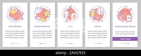 Diseases onboarding mobile app page screen with concept. Viral, bacterial infections, injury, cardiovascular diseases, cancer steps graphic instructio Stock Vector