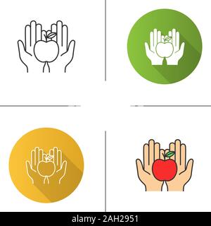 Eco products icon. Flat design, linear and color styles. Food donation. Healthy nutrition. Organic food. Open palms with apple. Isolated vector illust Stock Vector