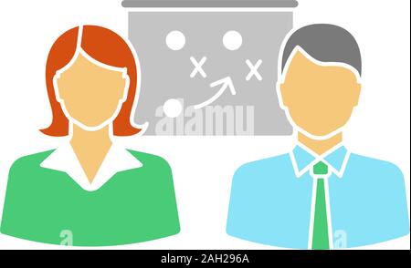 Business strategy scheme glyph color icon. Silhouette symbol on white background with no outline. Teamwork. Two colleagues solving problem. Negative s Stock Vector