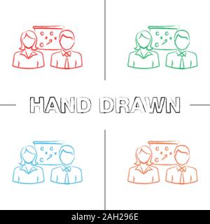 Business strategy scheme hand drawn icons set. Teamwork. Two colleagues solving problem. Color brush stroke. Isolated vector sketchy illustrations Stock Vector