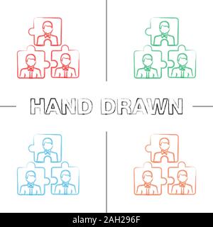 Teamwork hand drawn icons set. Team problem solving. Personnel interaction. Partnership. Color brush stroke. Staff puzzles. Isolated vector sketchy il Stock Vector