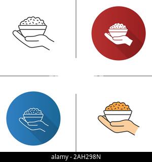 Food donation icon. Flat design, linear and color styles. Open hand with rice bowl. Chinese fried rice for free. Isolated vector illustrations Stock Vector