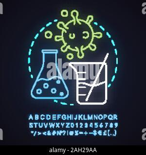 Science laboratory neon light concept icon. Virology idea. Study of viruses. Laboratory flask and beaker, virus cell. Glowing sign with alphabet, numb Stock Vector