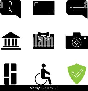 UI/UX glyph icons set. Announcement, aspect ratio, speech bubble, account balance, gift card, camera enhance, dashboard, accessible, secured. Silhouet Stock Vector
