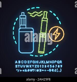 Vape shop neon light concept icon. Alternative smoking idea. Vape pen and box mod. Electronic cigarettes. Glowing sign with alphabet, numbers and symb Stock Vector
