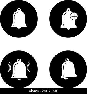 UI/UX glyph icons set. Modes of notifications. Reminder. Vector white silhouettes illustrations in black circles Stock Vector