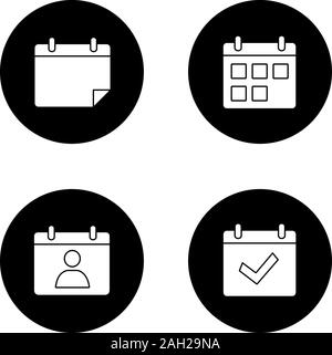 UI/UX glyph icons set. Calendars. Appointment, complete day, today, date range. Vector white silhouettes illustrations in black circles Stock Vector