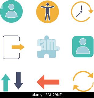 UI/UX glyph color icons set. Userpic, accessibility, update, exit, extension, user account, vertical swap, back, refresh arrow. Silhouette symbols wit Stock Vector