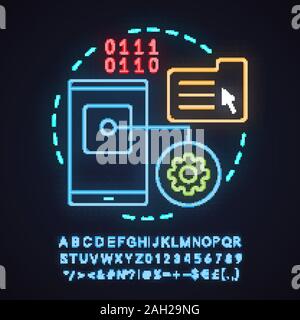 App development neon light concept icon. Digital technology idea. File manager. Smartphone settings. Glowing sign with alphabet, numbers and symbols. Stock Vector