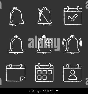 UI/UX chalk icons set. Notifications modes, complete day, alarm, reminder, calendar, date range, contact. Isolated vector chalkboard illustrations Stock Vector