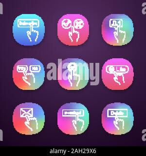 Click icons set. Subscribe, accept or decline, new follower, yes or no choice, turn on, like, message, download, delete. UI/UX user interface. Web or Stock Vector