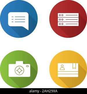UI/UX flat design long shadow glyph icons set. Speech bubble, camera enhance, list, membership card. Vector silhouette illustration Stock Vector