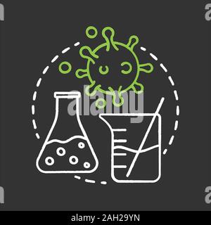 Science lab chalk concept icon. Virologyidea. Study of viruses. Laboratory flask and beaker, virus cell. Vector isolated chalkboard illustration Stock Vector