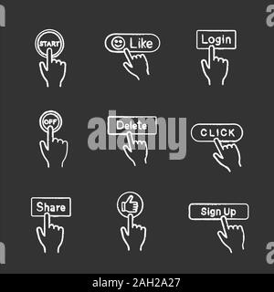 App buttons chalk icons set. Click. Start, like, login, turn off, delete, share, thumb up, sign up. Isolated vector chalkboard illustrations Stock Vector