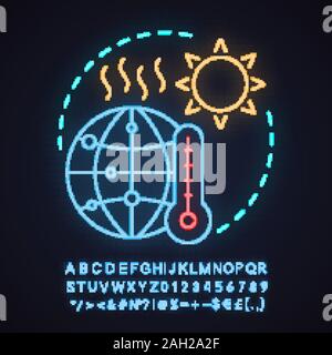 Global warming neon light concept icon. Natural hazard idea. Climate changing. Global problem. Glowing sign with alphabet, numbers and symbols. Vector Stock Vector