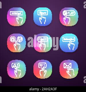 Click buttons icons set. Download, share, play, like and dislike, login, subscribe, new follower, like counter, message. UI/UX user interface. Web or Stock Vector