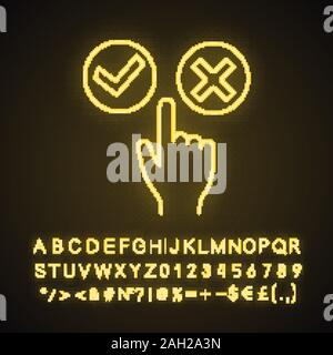 Accept and decline buttons neon light icon. Yes or no click. Approve and delete. Hand pushing button. Glowing sign with alphabet, numbers and symbols. Stock Vector