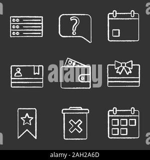 UI/UX chalk icons set. List, live chat, event, membership card, pay, certificate, bookmark, delete, calendar. Isolated vector chalkboard illustrations Stock Vector