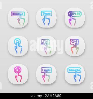 Click app icons set. Download, share, play, launch, new follower, likes counter, login, thumb up, subscribe.UI/UX user interface. Web or mobile applic Stock Vector